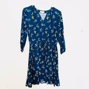 Loft V-Neck Floral Print 3/4 Sleeve Mini Dress Size XSP Blue